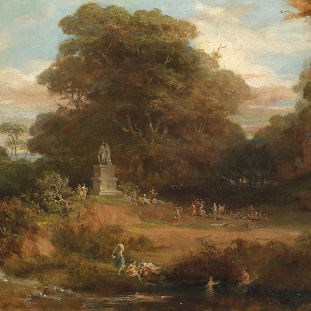 Landscape Oil Painting - Arcadian Garden & Statue, Leisure Figures, Villa - Oil Painting Haven