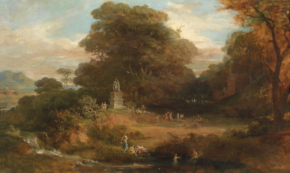 Landscape Oil Painting - Arcadian Garden & Statue, Leisure Figures, Villa - Oil Painting Haven