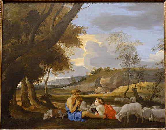 Hand-painted arcadian pastoral scene with shepherds landscape oil painting on canvas