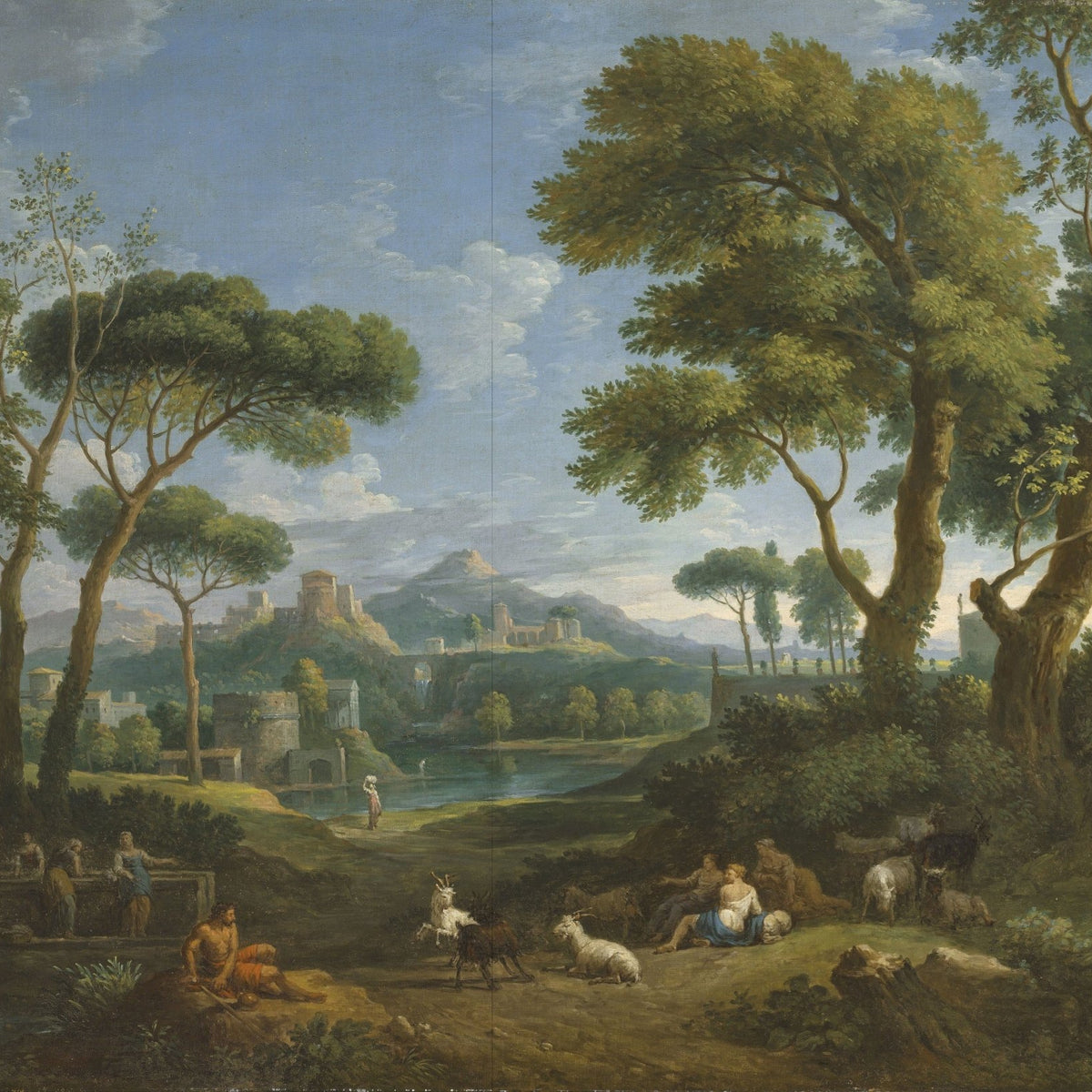 Hand-painted arcadian pastoral with figures landscape oil painting on canvas