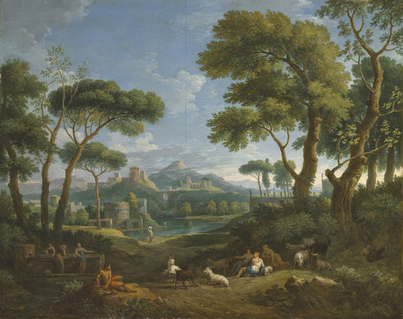 Hand-painted arcadian pastoral with figures landscape oil painting on canvas