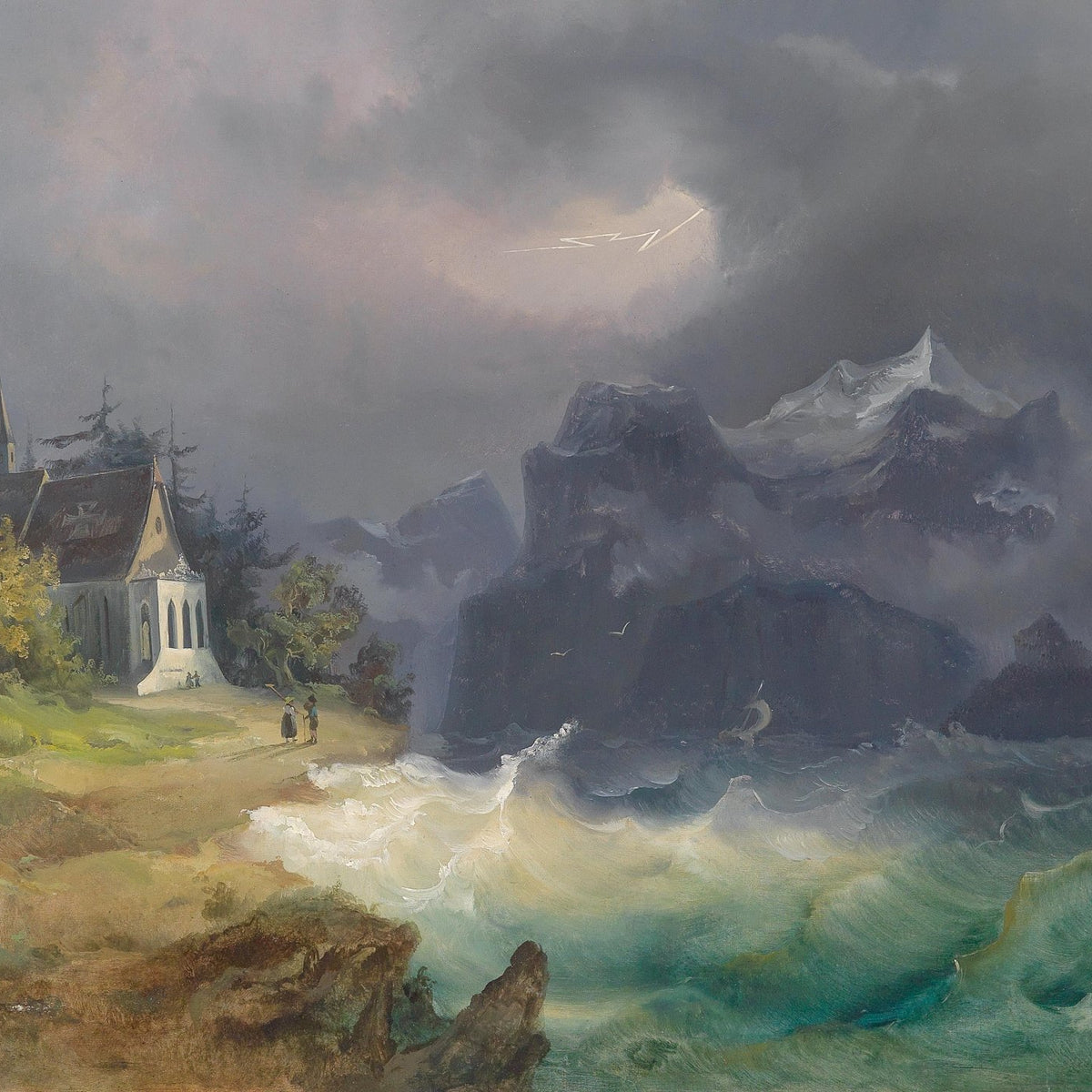 Landscape Oil Painting - atmospheric snowy mountain seascape - Oil Painting Haven