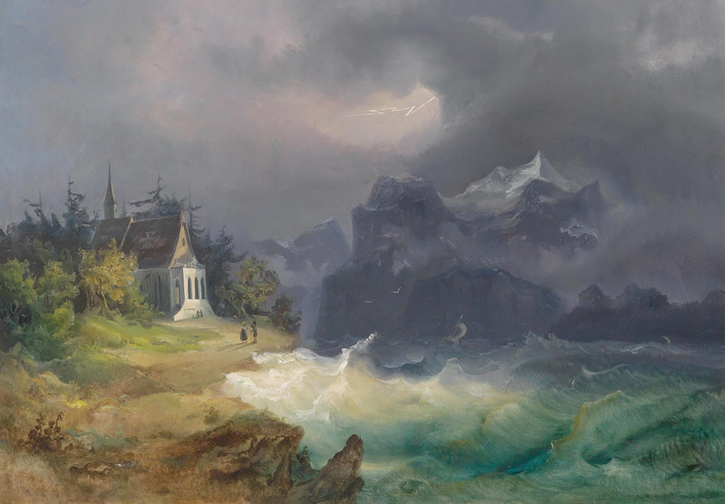 Landscape Oil Painting - atmospheric snowy mountain seascape - Oil Painting Haven