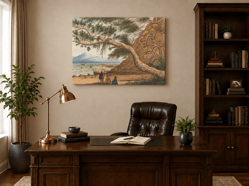Peinture à l'huile de paysage - Gouffre rocheux spectaculaire avec personnages