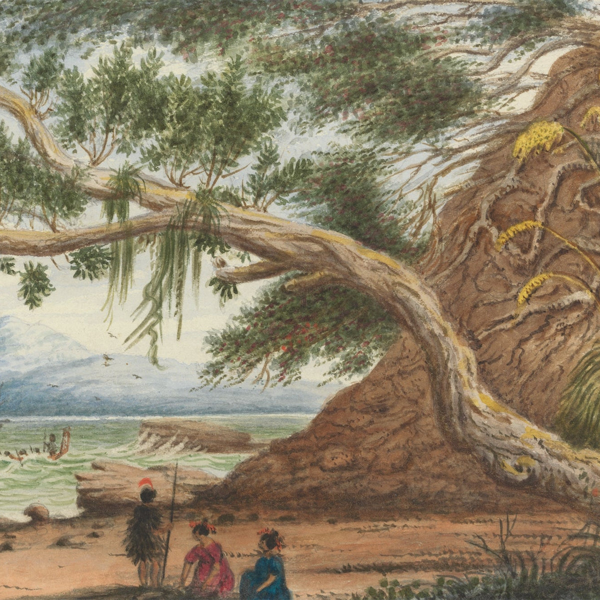 Hand-painted auckland shore with maori figures landscape oil painting on canvas