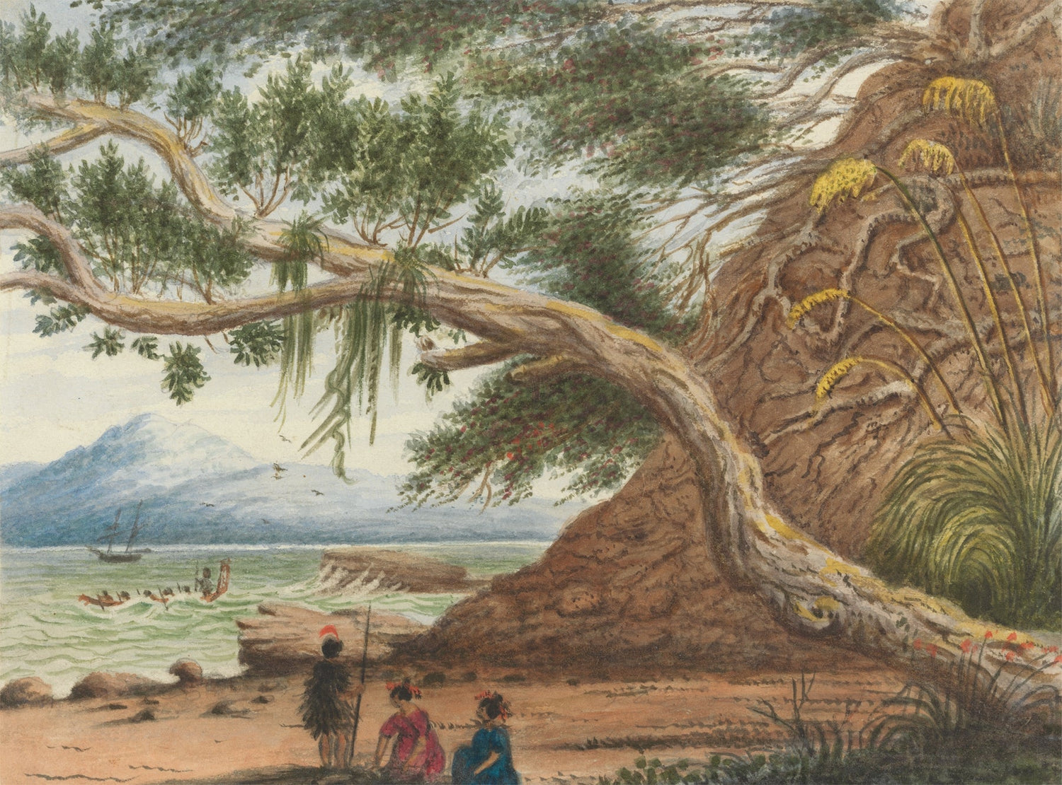 Landscape Oil Painting - Auckland Shore with Maori Figures - Oil Painting Haven