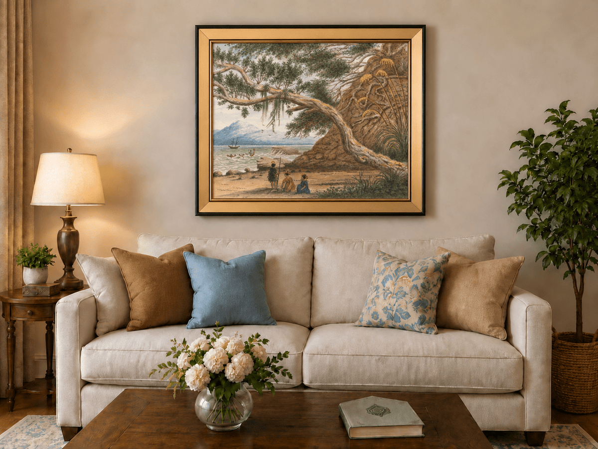 Peinture à l'huile de paysage - Gouffre rocheux spectaculaire avec personnages