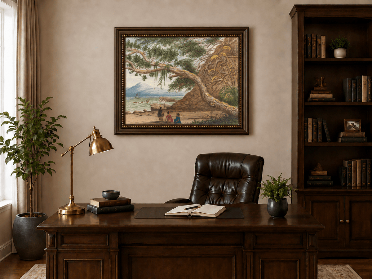 Peinture à l'huile de paysage - Gouffre rocheux spectaculaire avec personnages