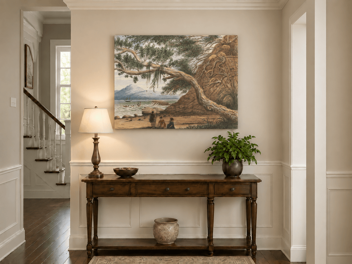 Peinture à l'huile de paysage - Gouffre rocheux spectaculaire avec personnages