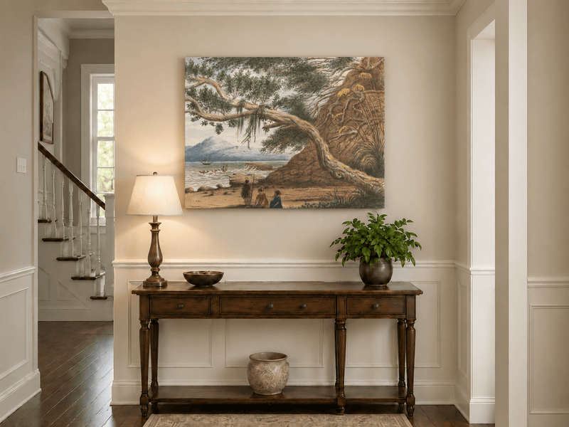 Peinture à l'huile de paysage - Gouffre rocheux spectaculaire avec personnages