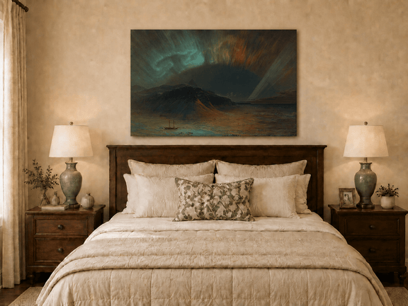 Aurora mountain oil painting displayed as landscape wall decor.