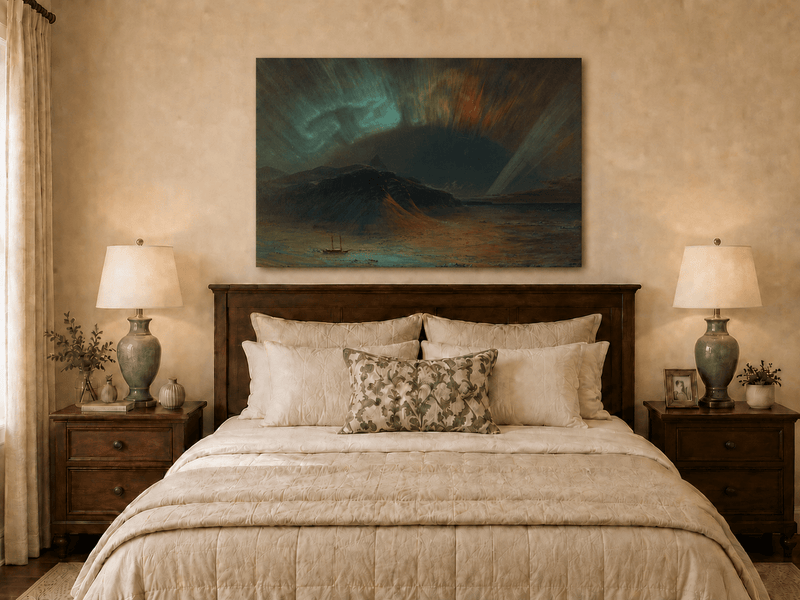 Aurora mountain oil painting displayed as landscape wall decor.
