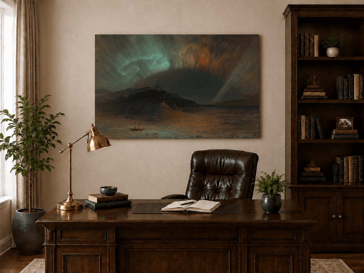 Interior wall art view featuring a dark mountain beneath glowing aurora skies oil painting.
