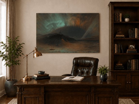 Interior wall art view featuring a dark mountain beneath glowing aurora skies oil painting.