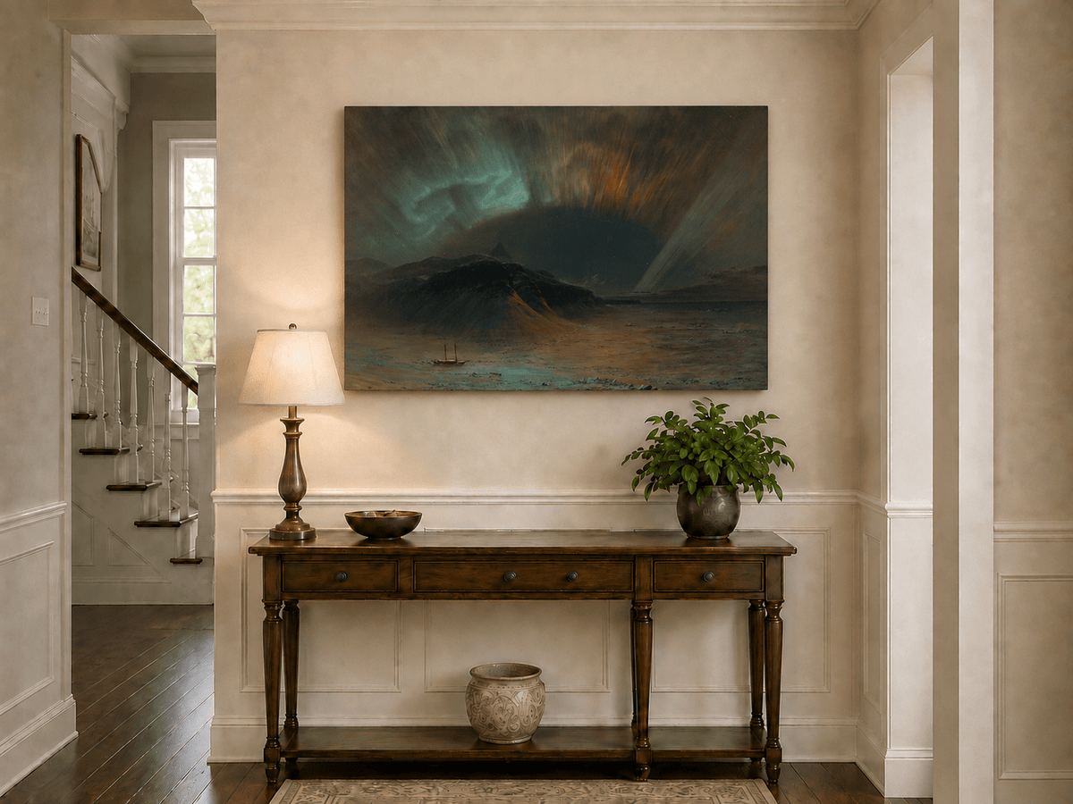 Dark mountain under aurora landscape painting shown as decorative oil wall art.