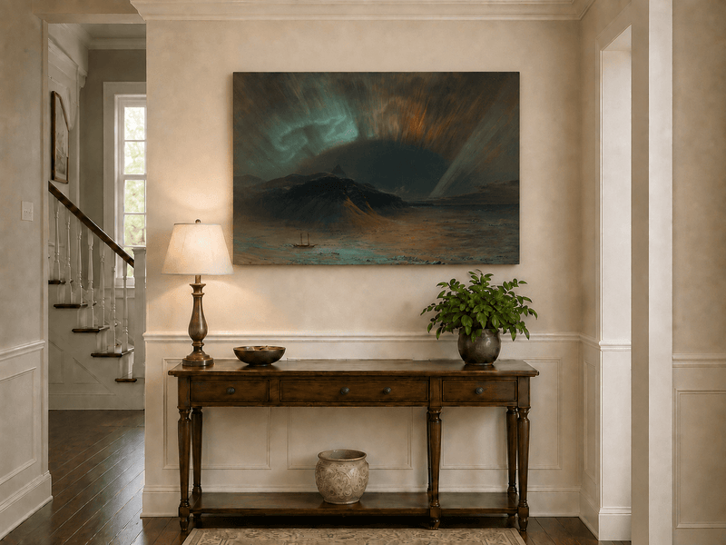 Dark mountain under aurora landscape painting shown as decorative oil wall art.