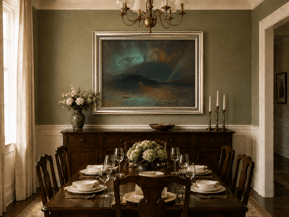 Aurora mountain night oil landscape artwork shown in a styled home interior.
