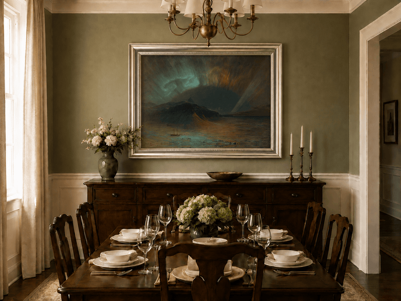 Aurora mountain night oil landscape artwork shown in a styled home interior.