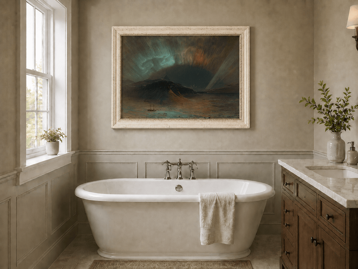 Dark mountain aurora landscape oil painting presented as interior home decor.