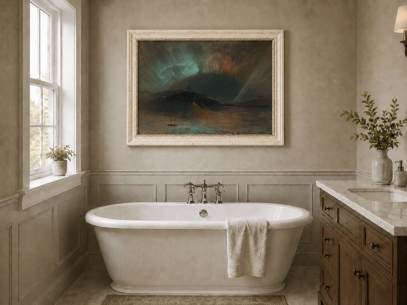 Dark mountain aurora landscape oil painting presented as interior home decor.