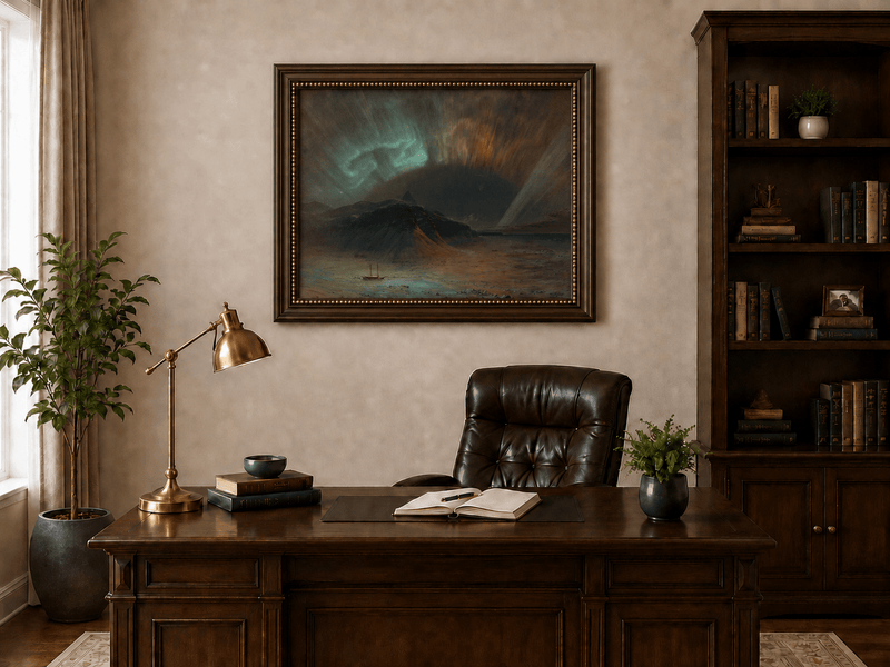 Glowing aurora above a dark mountain landscape oil painting presented in an interior wall art mockup.