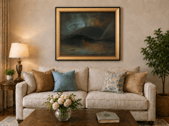 Aurora over a dark mountain with glowing skies landscape oil painting displayed in a styled home interior.