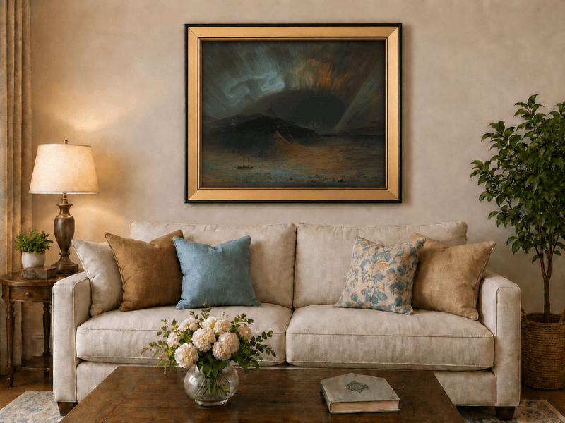 Aurora over a dark mountain with glowing skies landscape oil painting displayed in a styled home interior.