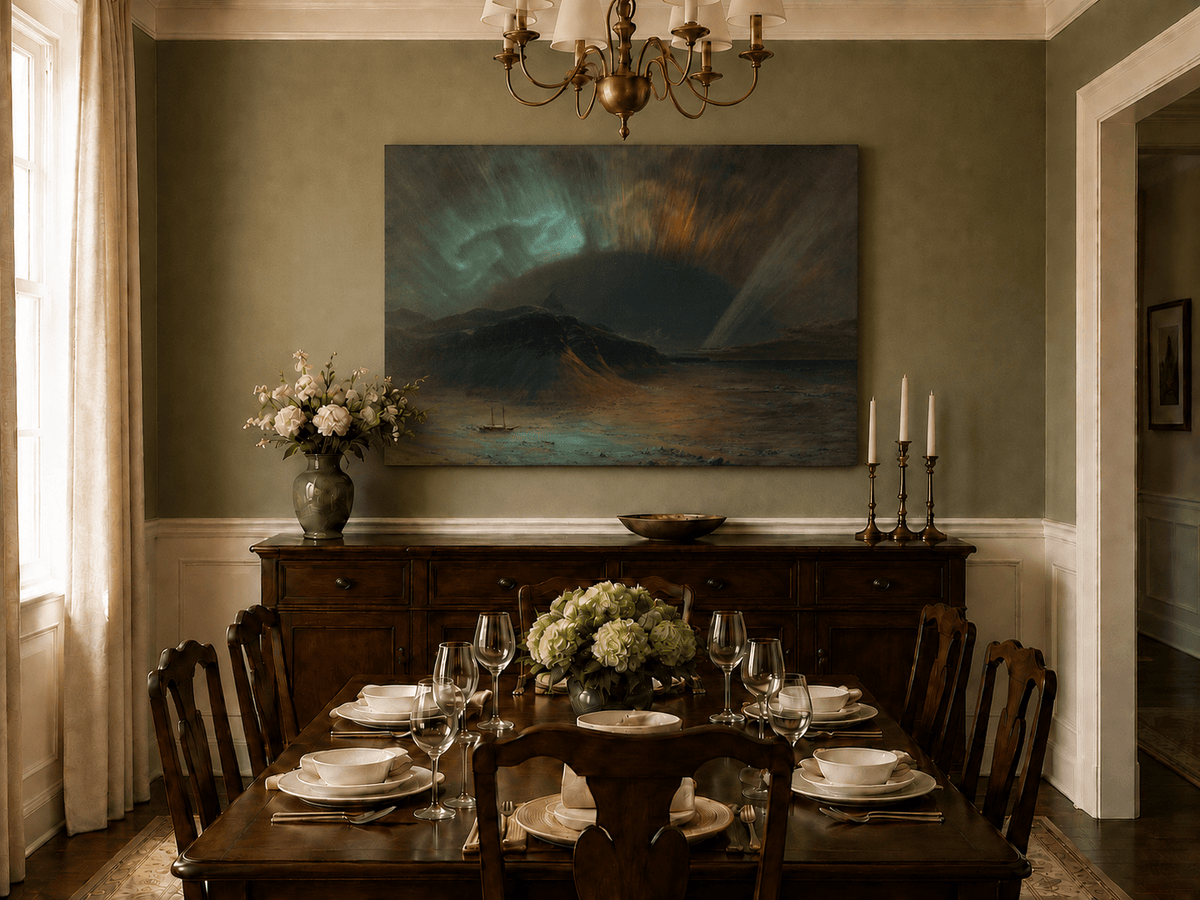 Hand-painted glowing aurora and mountain landscape artwork in an interior display.