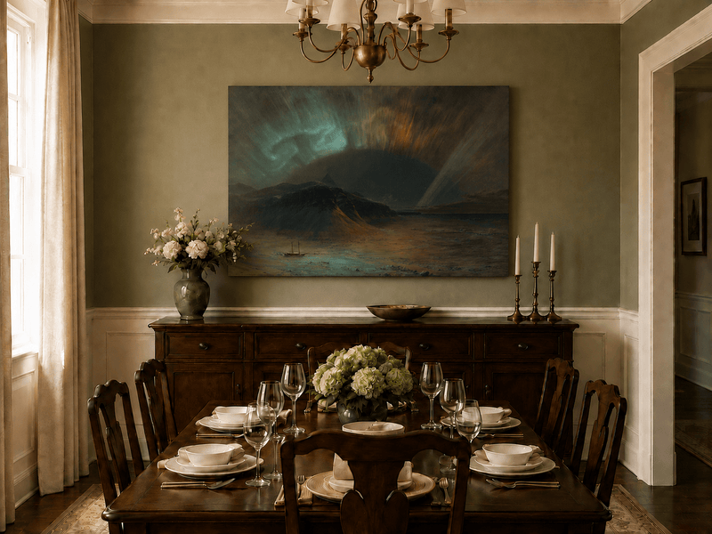 Hand-painted glowing aurora and mountain landscape artwork in an interior display.
