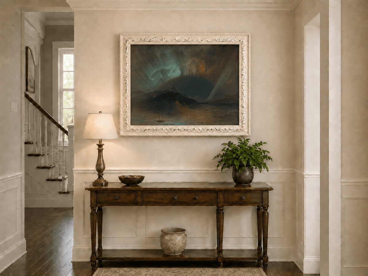 Dark mountain beneath glowing aurora skies hand-painted oil artwork shown as home wall decor.