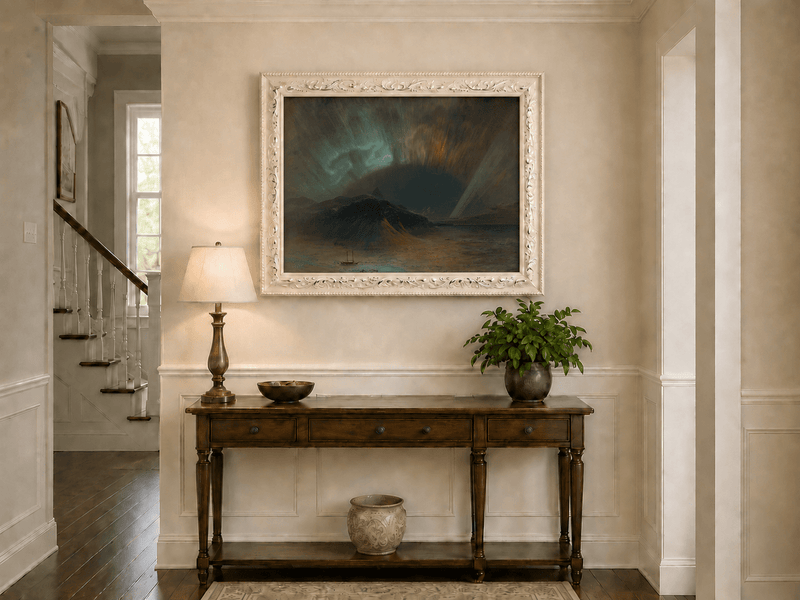 Dark mountain beneath glowing aurora skies hand-painted oil artwork shown as home wall decor.