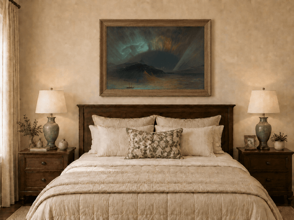 Hand-painted dark mountain and glowing aurora displayed as decorative wall art.