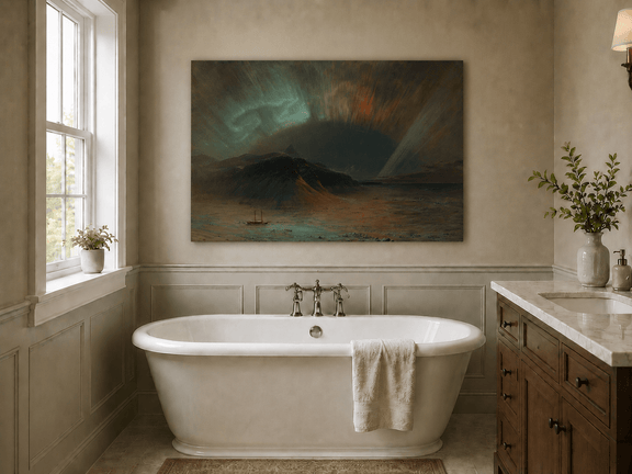 Aurora over a dark mountain with glowing skies landscape oil painting presented as styled home decor.