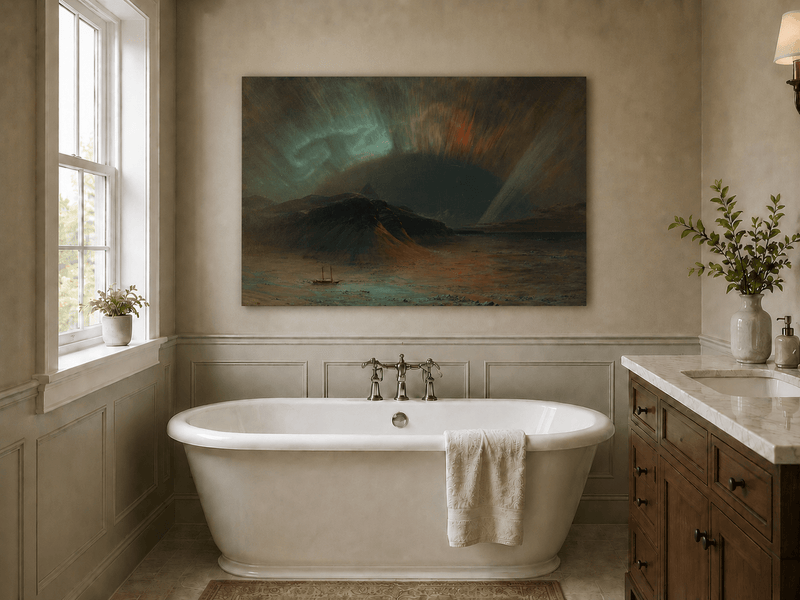 Aurora over a dark mountain with glowing skies landscape oil painting presented as styled home decor.