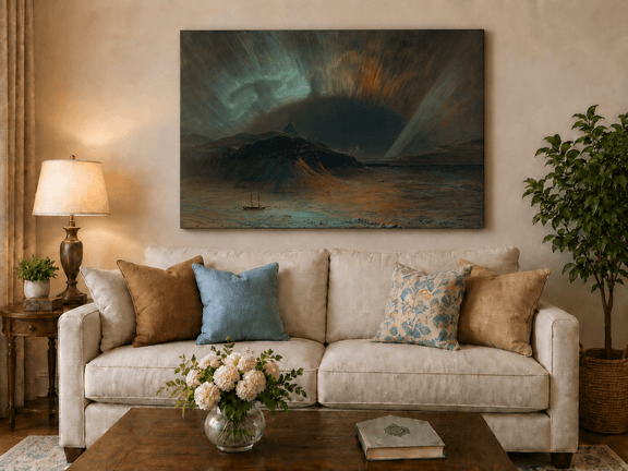 Glowing aurora mountain hand-painted oil artwork displayed in a second interior view.