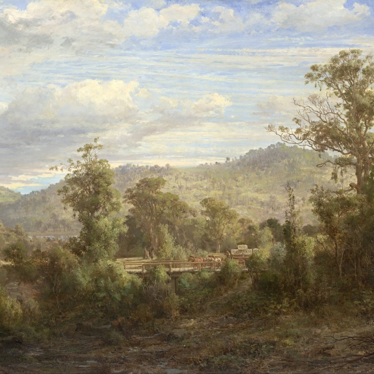 Landscape Oil Painting - Australian Bush, Wooden Bridge, Wagon & Hills - Oil Painting Haven