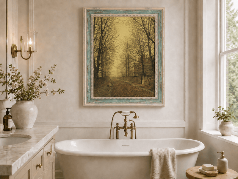 Autumn tree-lined avenue landscape oil painting presented as interior home decor.