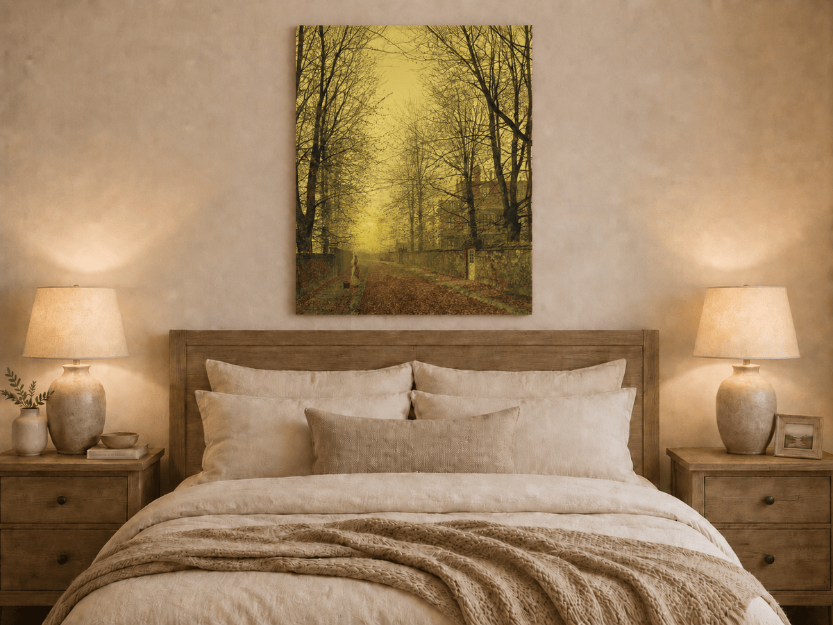 Autumn avenue with figure oil painting displayed as landscape wall decor.