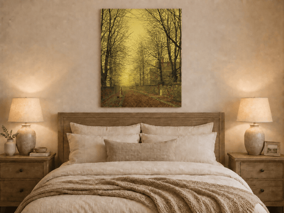 Autumn avenue with figure oil painting displayed as landscape wall decor.