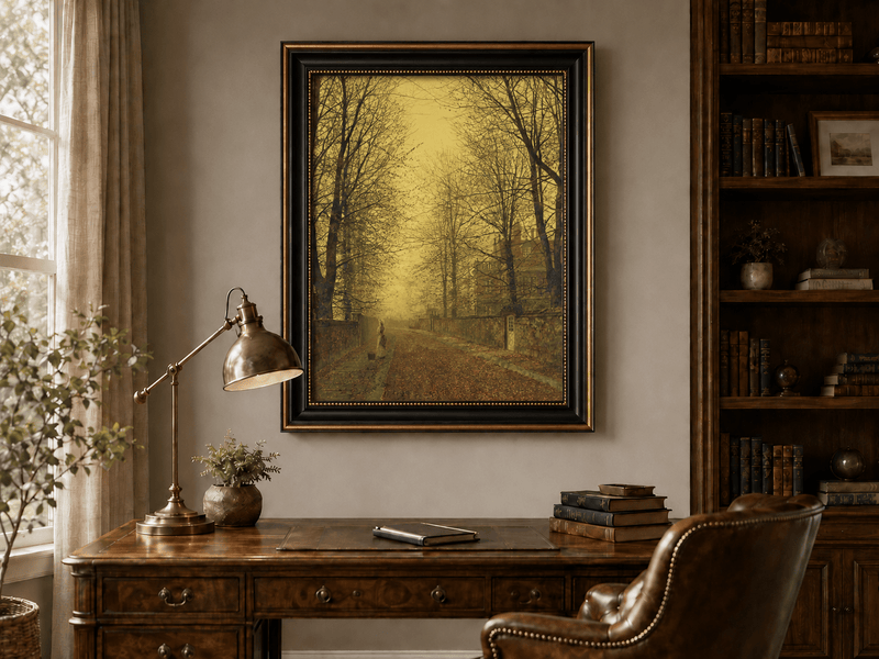 Tree-lined autumn avenue with figure landscape oil painting presented in an interior wall art mockup.