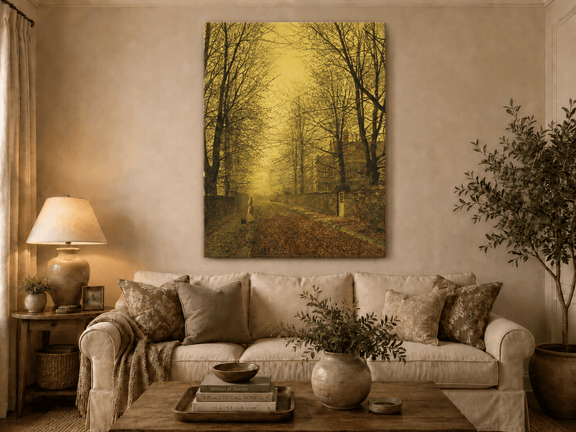 Autumn avenue with figure hand-painted oil artwork displayed in a second interior view.
