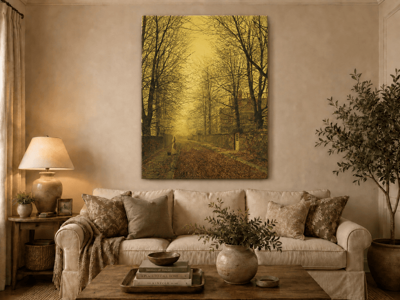 Autumn avenue with figure hand-painted oil artwork displayed in a second interior view.
