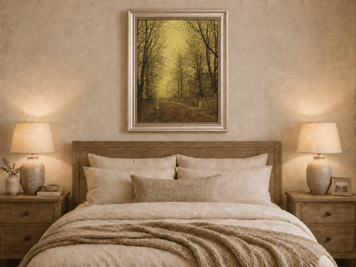 Hand-painted autumn avenue with tall trees and figure displayed as decorative wall art.