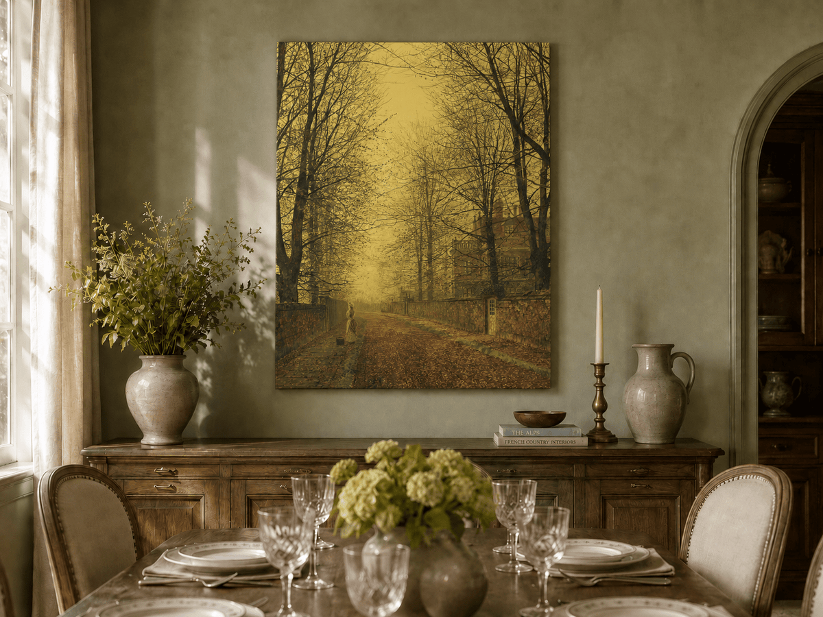 Hand-painted autumn avenue with trees landscape artwork in an interior display.