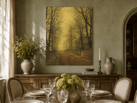 Hand-painted autumn avenue with trees landscape artwork in an interior display.