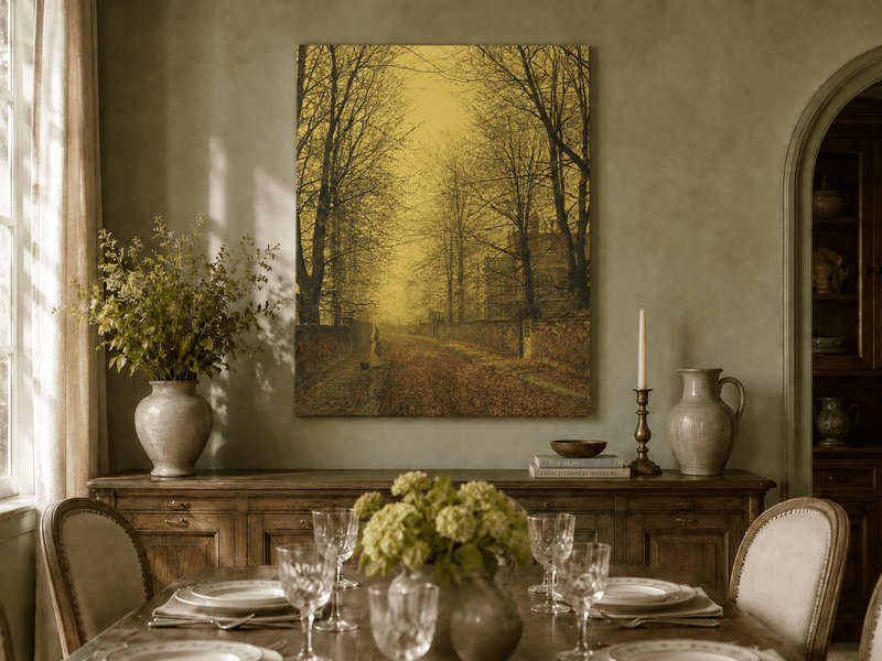 Hand-painted autumn avenue with trees landscape artwork in an interior display.