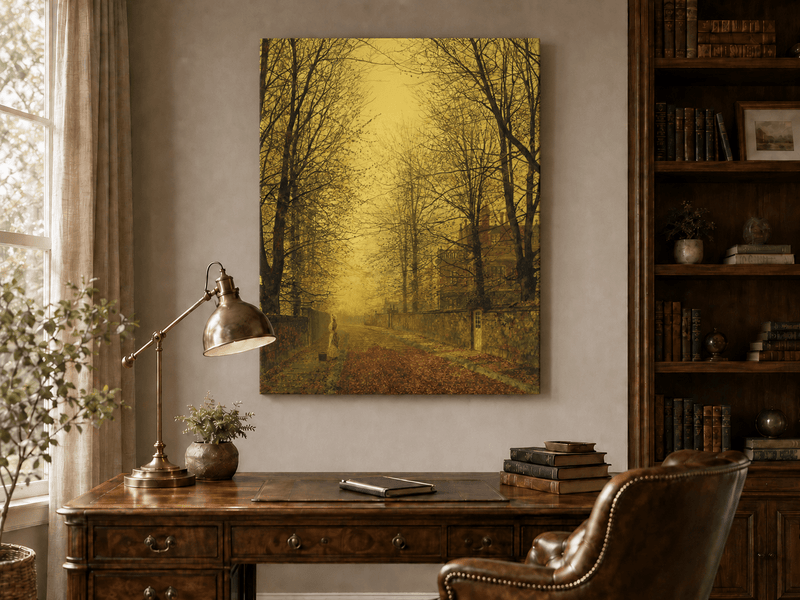 Interior wall art view featuring an autumn avenue with tall trees and a lone figure oil painting.