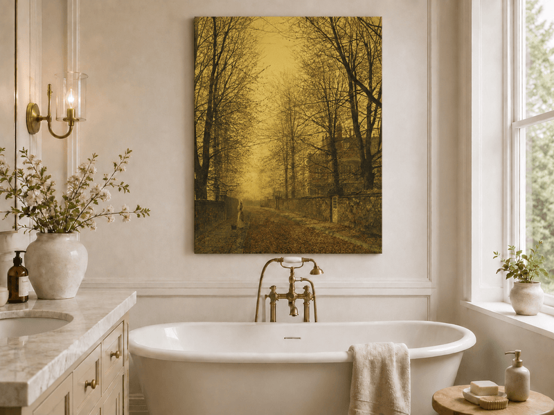 Autumn avenue with trees and figure landscape oil painting presented as styled home decor.