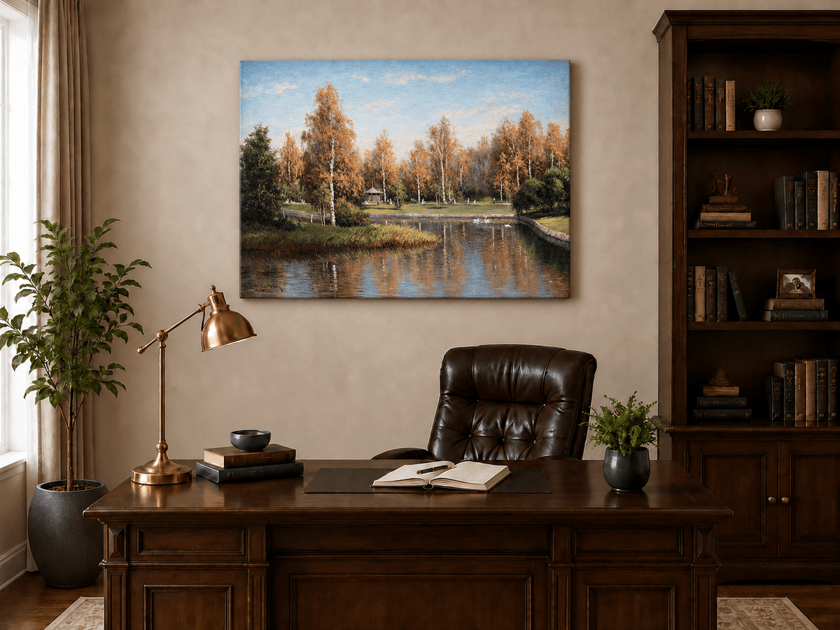 Peinture à l'huile de paysage - Parc de bouleaux d'automne au bord du lac