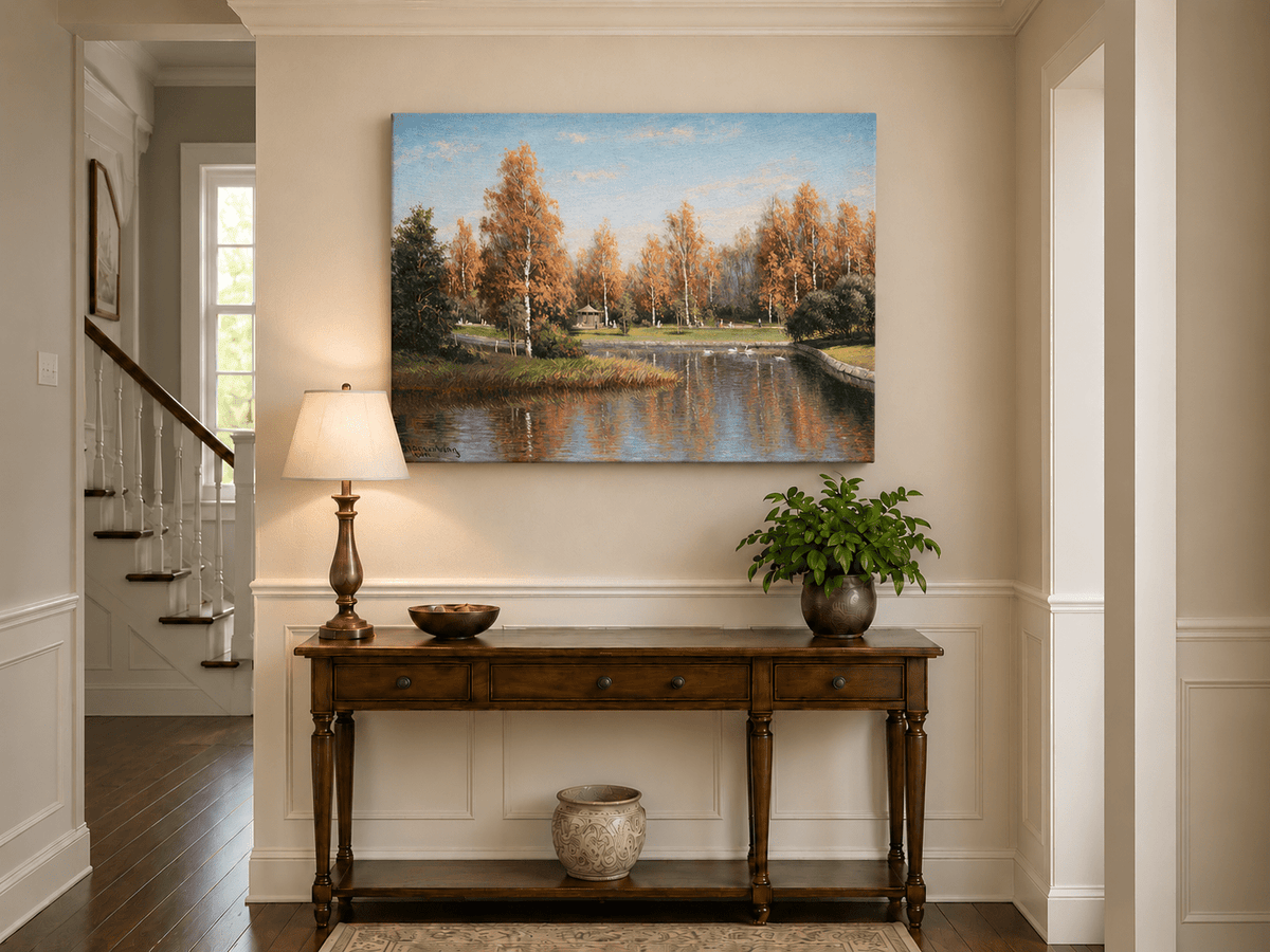 Peinture à l'huile de paysage - Parc de bouleaux d'automne au bord du lac